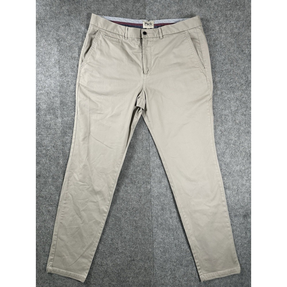 Perk Feel Good Pants Mens 38x34 Tan Slim Fit + Stretch Work Trouser Chino Office